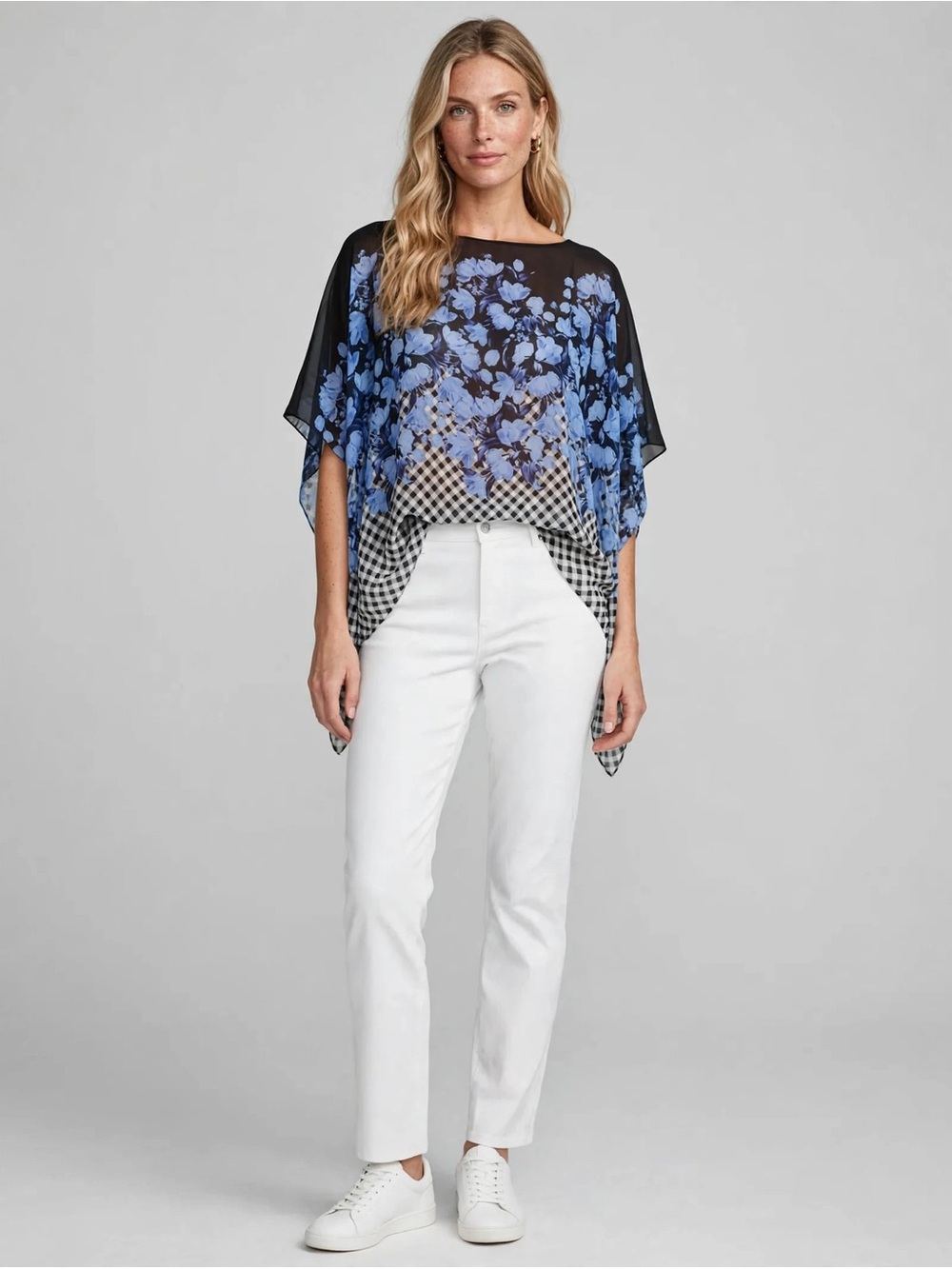 Talbots Blue Floral Gingham Check Chiffon Poncho Blouse.